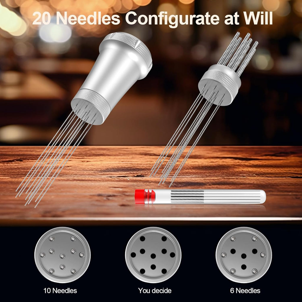 WDT Espresso Stirrer, Espresso Distribution Tool with Self Cleaning Brush, 10 x 0.35mm WDT Needles and Extra 10 Needles for Espresso Distributor, Aluminum Handle with Stand for Barista
