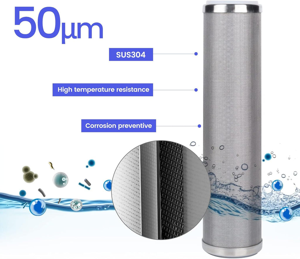 Amwater Stainless Steel Cleanable Wire Mesh Filter Cartridge 10”Length,2.5"OD(50 Micron)