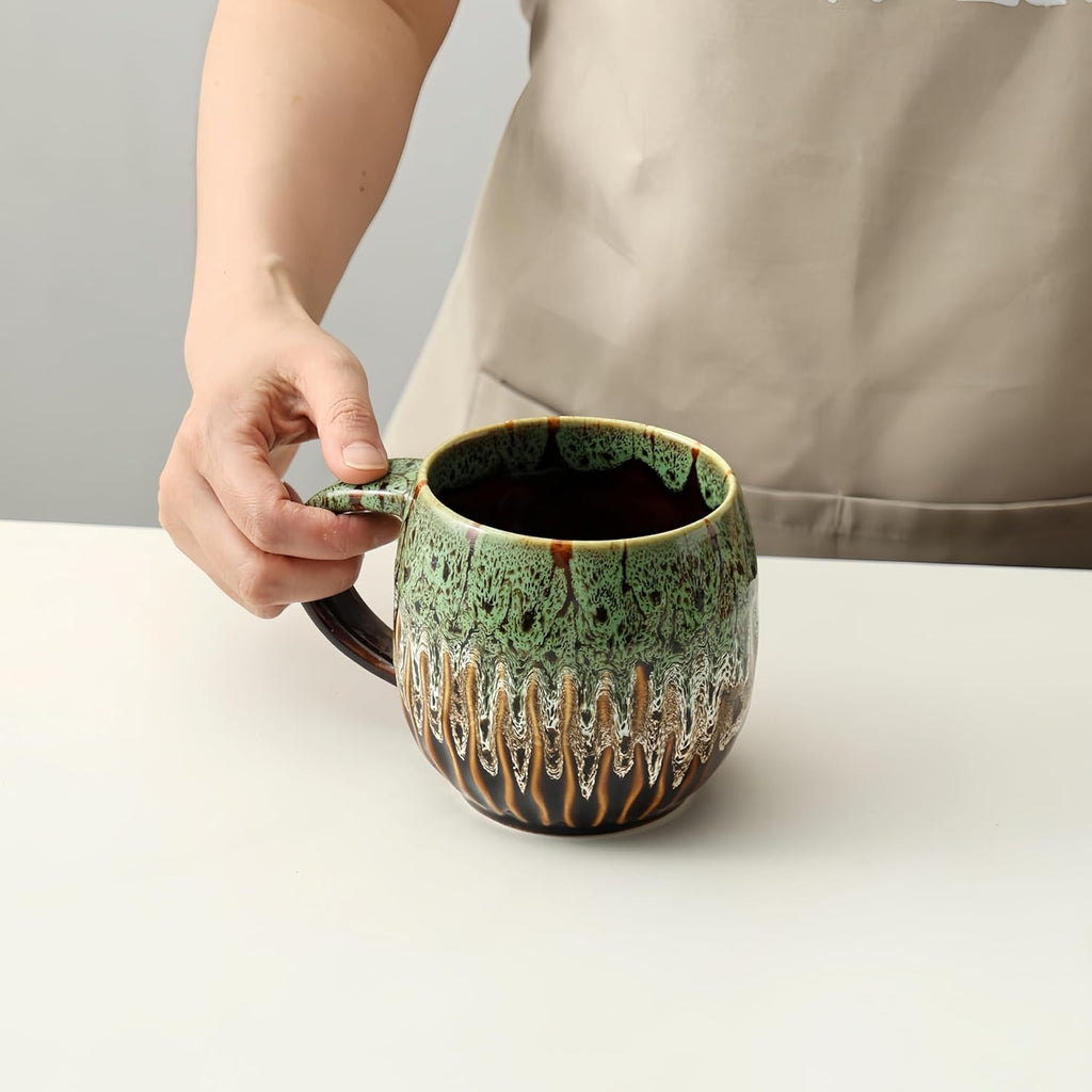 20oz Raku Glaze Coffee Mug - Unique Handcrafted Look Ceramic Cup, Large Tea Mug, Microwave & Dishwasher Safe (green)