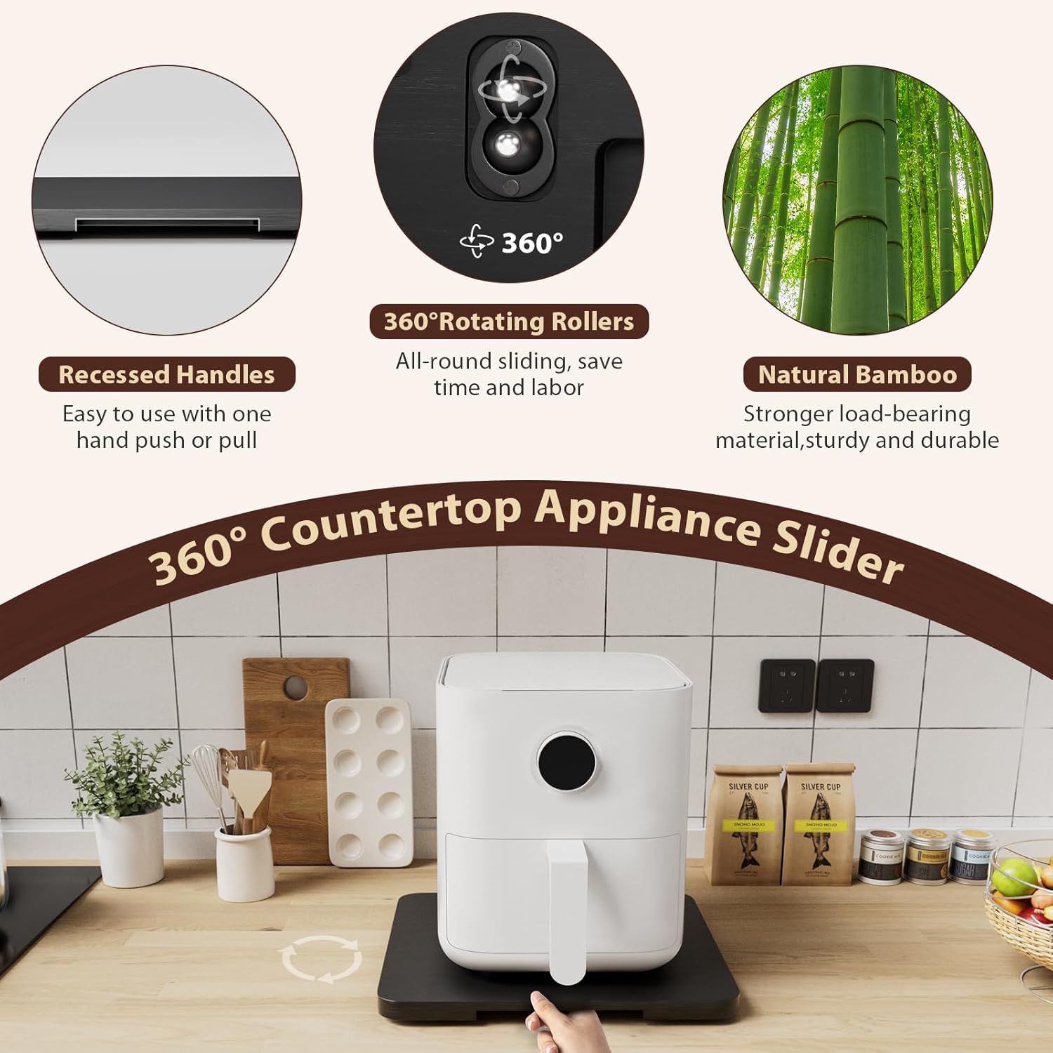 GuanQiao 360° Rotation Appliance Slider for Coffee Maker & Heavy Kitchen Appliance, Bamboo Rolling Tray for kitchen Counter, Sliding Tray with Premium Wheels (Black, 13.9"× 9.4")