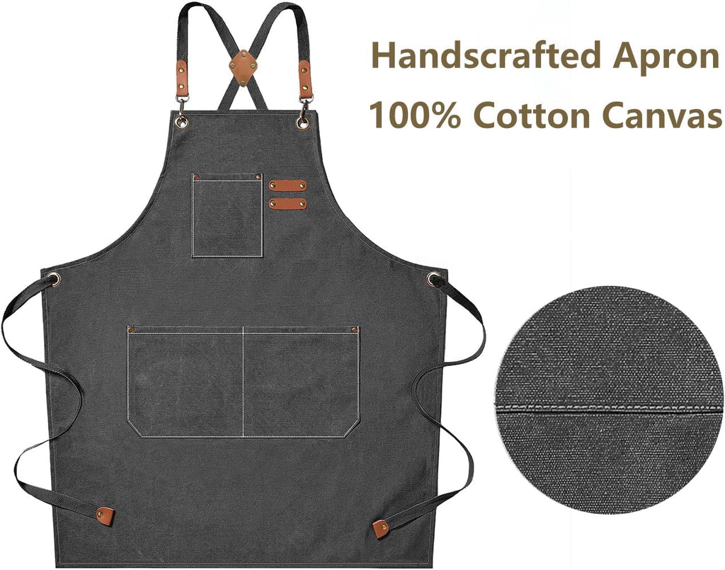 AFUN Chef Aprons for Men Women with Large Pockets, Cotton Canvas Cross Back Heavy Duty Adjustable Work Apron, Size M to XXL(Grey)