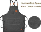 AFUN Chef Aprons for Men Women with Large Pockets, Cotton Canvas Cross Back Heavy Duty Adjustable Work Apron, Size M to XXL(Grey)