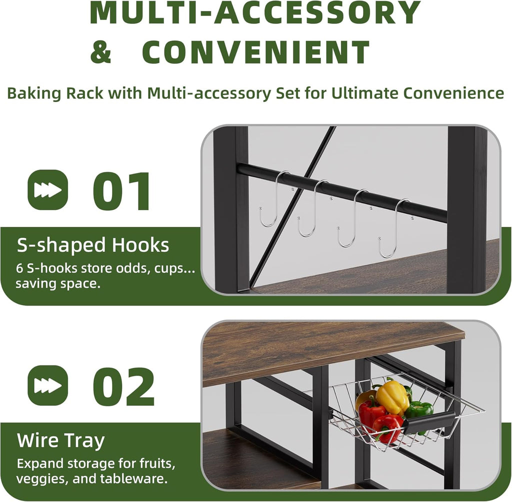 Baker’s Rack, Microwave Oven Stand with Bamboo Frame, 35.43" Coffee Bar with Wire Basket & 6 Hooks, 3-Tier Kitchen Storage Shelf Stand for Kitchen, Living Room, Office, Rustic Brown