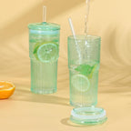 20 OZ Glass Cup with Lids and Glass Straws, High Borosilicate Iced Coffee Glass Tumblers with Lid and Straw for Drinks, 2pcs Reusable Wide Mouth Smoothie Cup(Cyan)