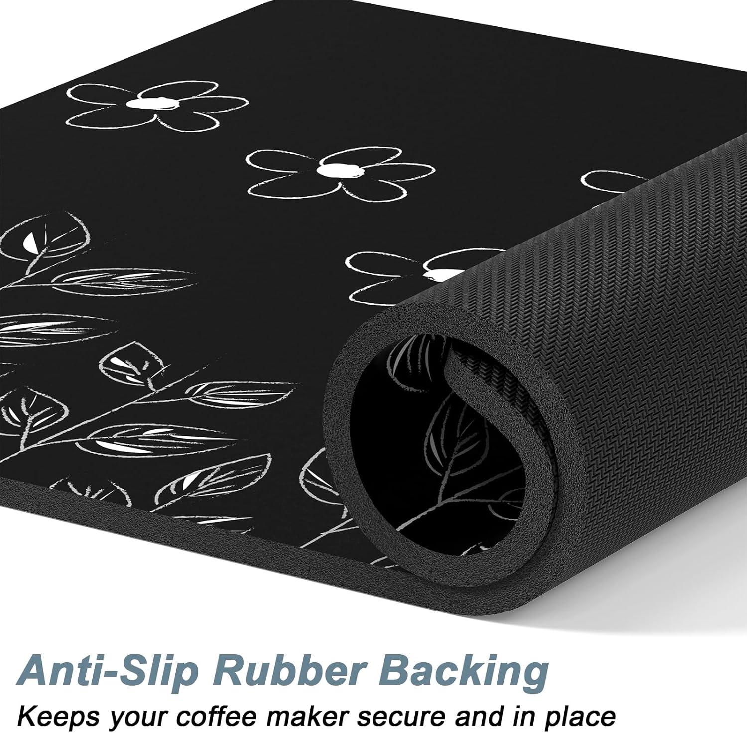 Rnivvi Coffee Mat, 12" x 19" Cute Coffee Bar Mats for Espresso Machine Station Accessories and Organizer, Hide Stain Rubber Backed Absorbent Dish Drying Pad for Kitchen Counter, Black White Flowers