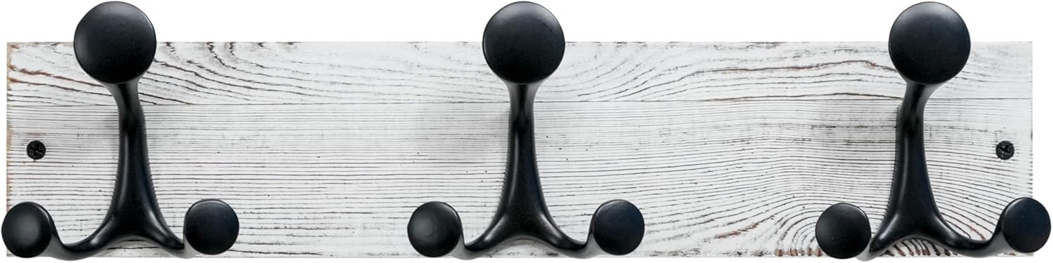 SKOLOO 17-Inch Wood Coat Rack Wall Mount with 3 Triple Hooks - Ideal for Family Entrances, Classrooms, and Pet Supplies Storage - Perfect Coat Hooks for Wall,Distressed White Wash