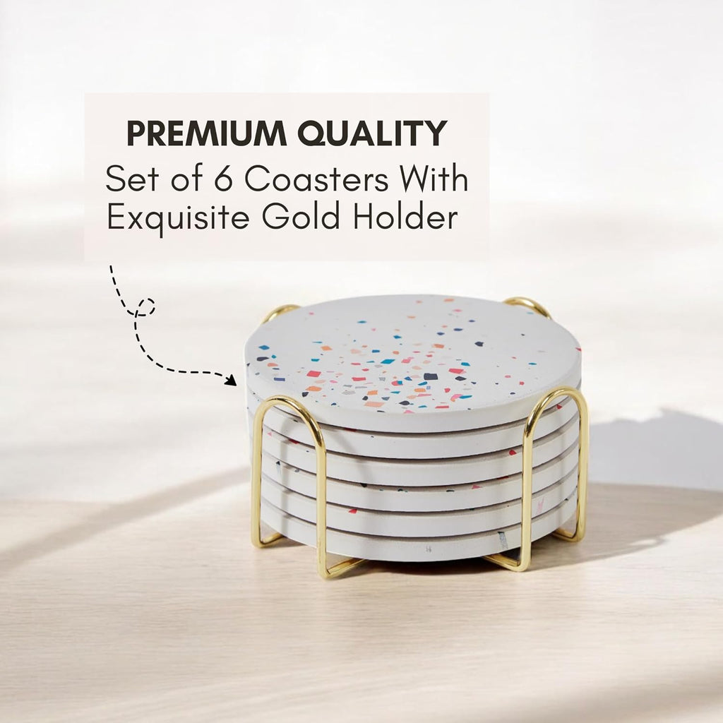 Terrazzo Drink Absorbent Coasters with Holder Set of 6, Ceramic Coaster for Drinks, Coffee Table Decor, Water Absorbing Stone Coaster for Drinks (Color Burst)