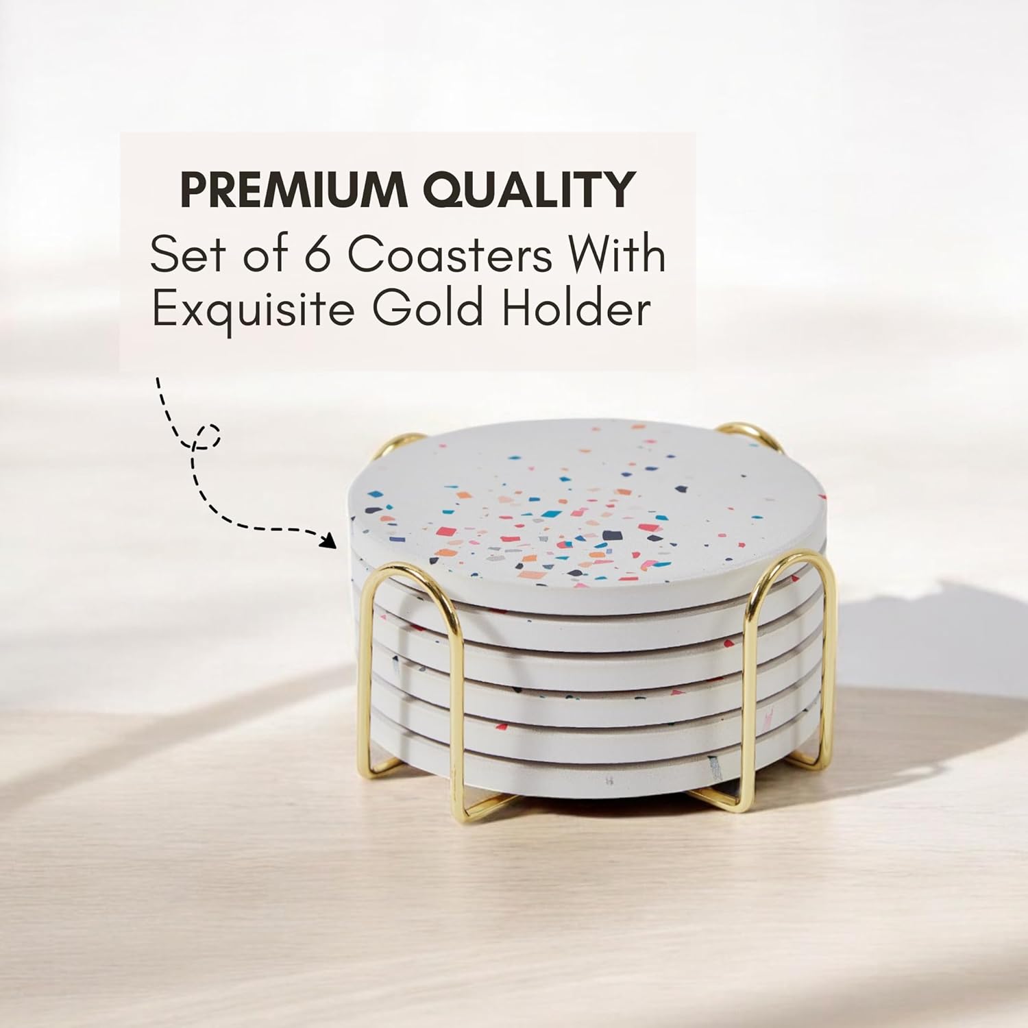 Terrazzo Drink Absorbent Coasters with Holder Set of 6, Ceramic Coaster for Drinks, Coffee Table Decor, Water Absorbing Stone Coaster for Drinks (Color Burst)