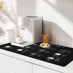 Matace Designer Coffee Bar Mat, Extra Large 17 x 31.5 Inches, Rubber Backing, Absorbent Coffee Maker Mats for Dish Drying, Kitchen Countertop, Coffee Flavor Menu, Black