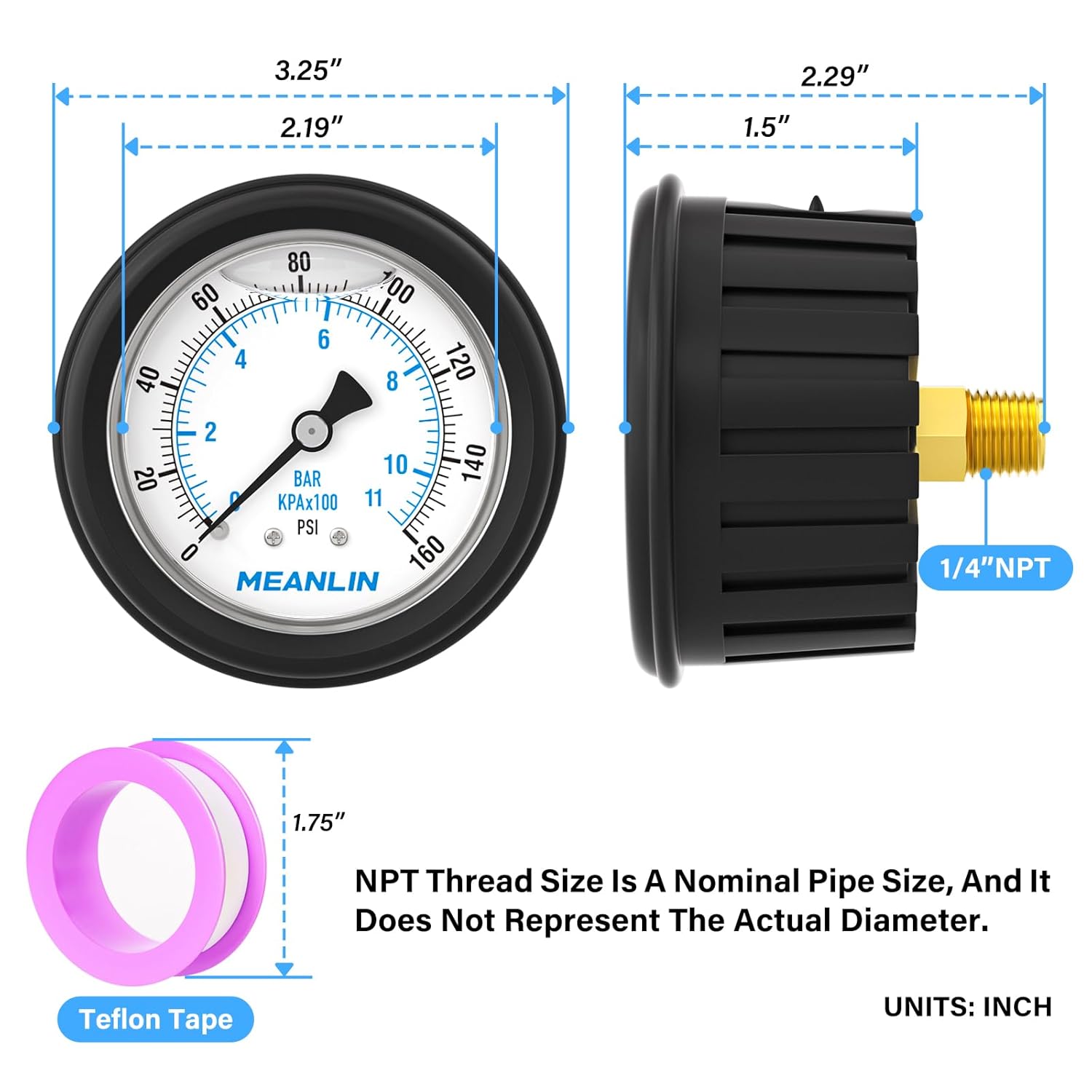 MEANLIN MEASURE 0~160Psi Stainless Steel Liquid Filled Pressure Gauge 1/4" NPT 2.5" FACE DIAL with Rubber Protective Sleeve, Center Back Mount