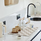 Checkered Dish Drying Mat for Kitchen Counter, Coffee Bar Station Accessories, Retro Cute Aesthetic Modern Absorbent Drainer Mat Kitchen Drying Mat Easy Clean, Khaki 16" x 24"