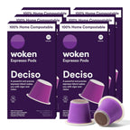WOKEN COFFEE Compostable Nespresso Pods - Deciso Dark Roast Italian Espresso Coffee Capsules Compatible With Nespresso Coffee Machine (60 Pod Count, 6 Boxes)