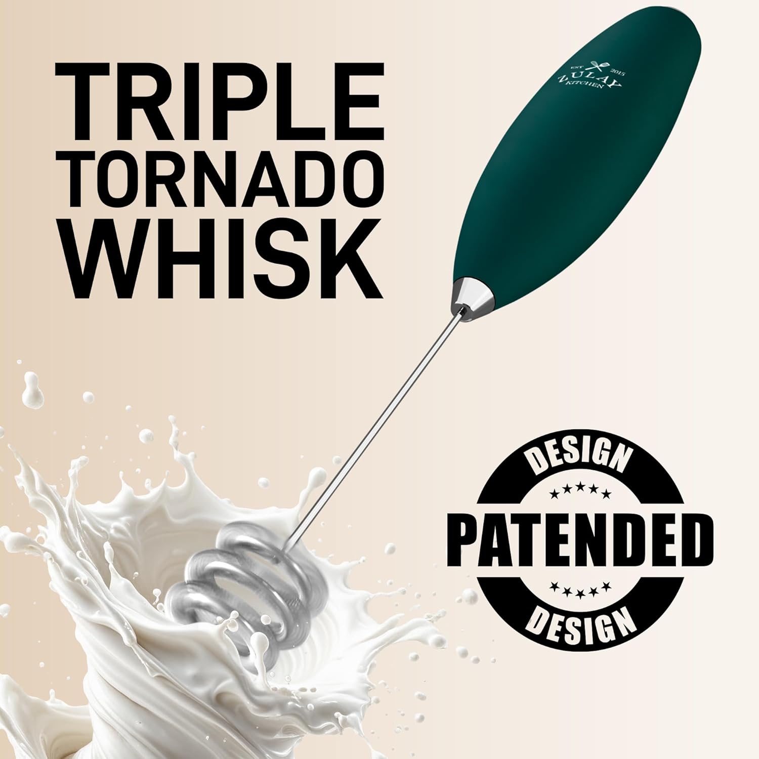 Zulay Kitchen Patented Tornado Triple Whisk Milk Frother with 4 Duracell Batteries – Handheld Foam Maker for Coffee, Lattes, Matcha & Hot Chocolate – Rich, Creamy Froth in Seconds