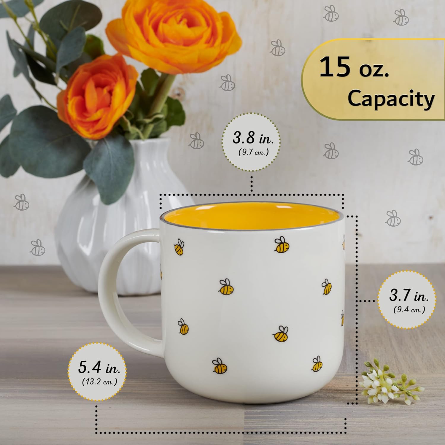 Christian Art Gifts Large Ceramic Coffee & Tea Mug for Women: Kind Words are Like Honey Inspirational Bible Verse, Non-toxic/Lead-free, Microwave/Dishwasher Safe Bumble Bee Cup, Yellow/White, 15 oz.
