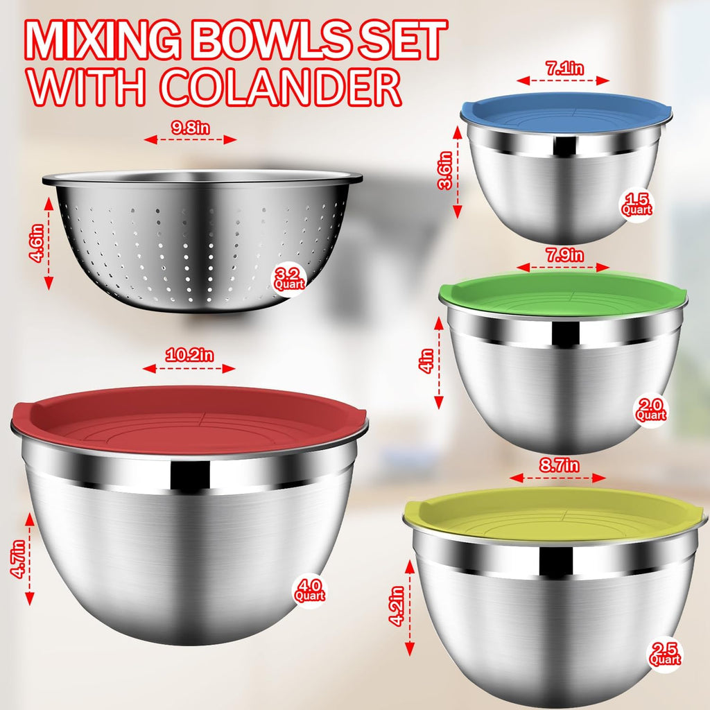 Mixing Bowls with Strainer, Mixing Bowl with Lids Set, Stainless Steel Mixing Bowls, Kitchen Gadgets 2025 Salad Bowls with Strainer for Mixing & Preping & Baking, Multicolor