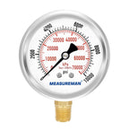 MEASUREMAN 2-1/2" Dial Size, Glycerin Filled Pressure Gauge, 0-10000psi/kpa, 304 Stainless Steel Case, 1/4" NPT Lower Mount