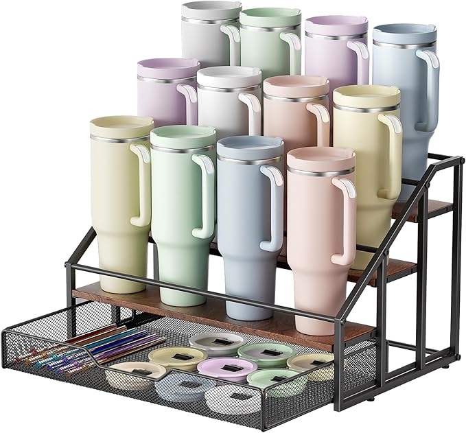 MOJOHAND Water Bottle Organizer for Stanley, 4-Tier 12 Bottles Rack with Storage Basket for Cup Accessories, Large Tumbler Holder Stand, Water Bottle Holder Wine Rack