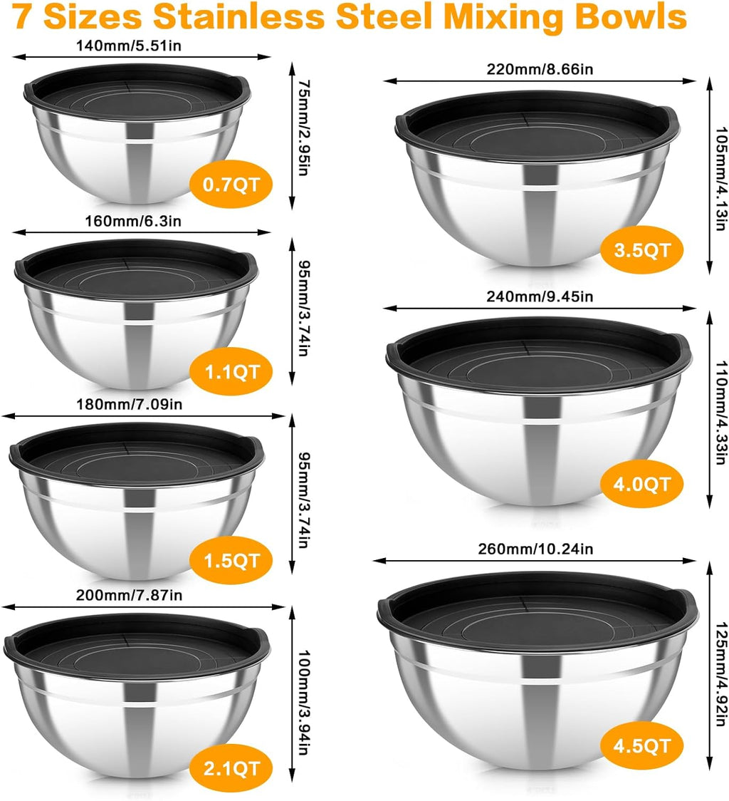 7 Piece Metal Mixing Bowls with Lids Set, Stainless Steel Nesting Design Salad Mixing Bowl Set for Kitchen Cooking, Baking, Prepping and Serving Food (Size 0.7, 1.1, 1.5, 2.1, 3.5, 4, 4.5QT)