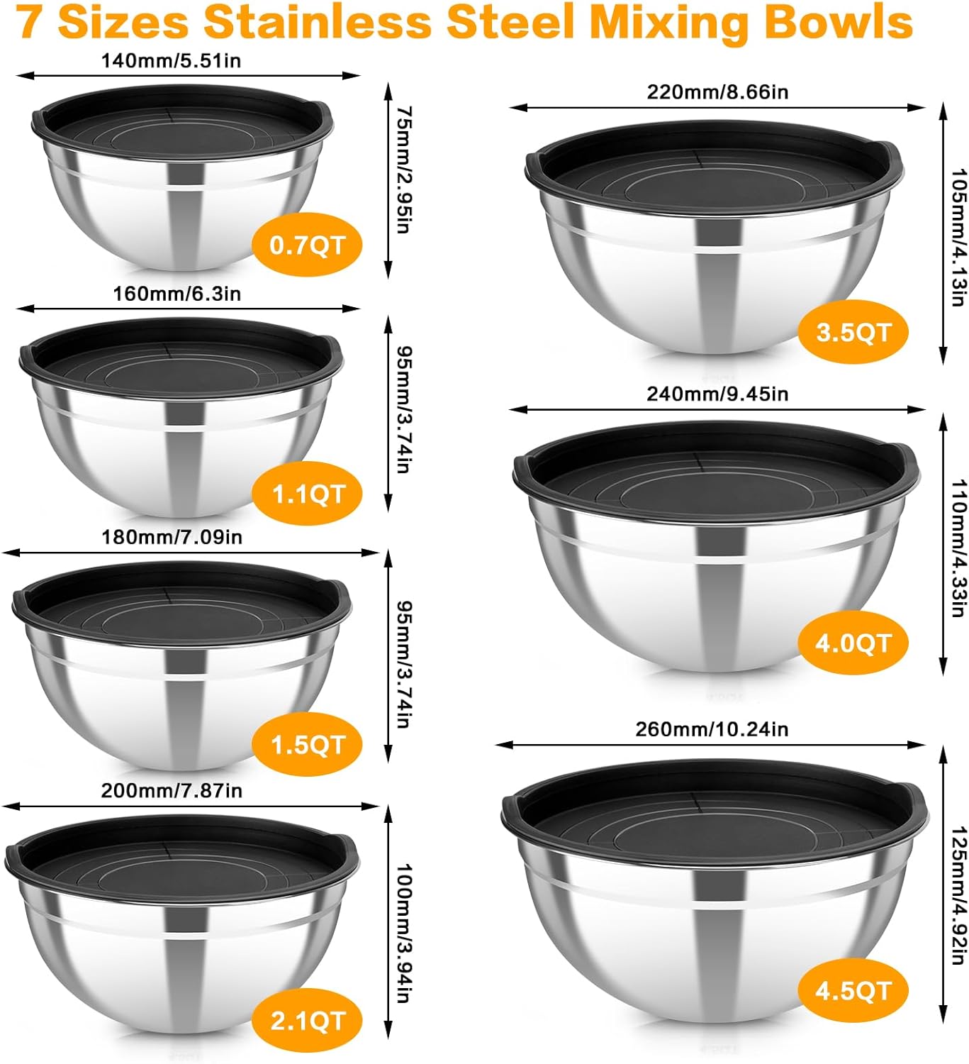 7 Piece Metal Mixing Bowls with Lids Set, Stainless Steel Nesting Design Salad Mixing Bowl Set for Kitchen Cooking, Baking, Prepping and Serving Food (Size 0.7, 1.1, 1.5, 2.1, 3.5, 4, 4.5QT)