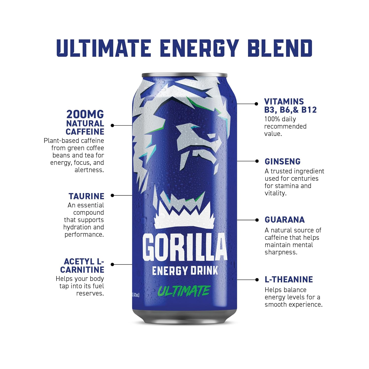 Gorilla Energy Original Energy Drink, Zero Sugar & 200mg Natural Caffeine, L-Theanine, Taurine, Ginseng, Acetyl L-Carnitine, B Vitamins, Sugar Free, and No Artificial Colors, 16 oz Cans, 12 Pack