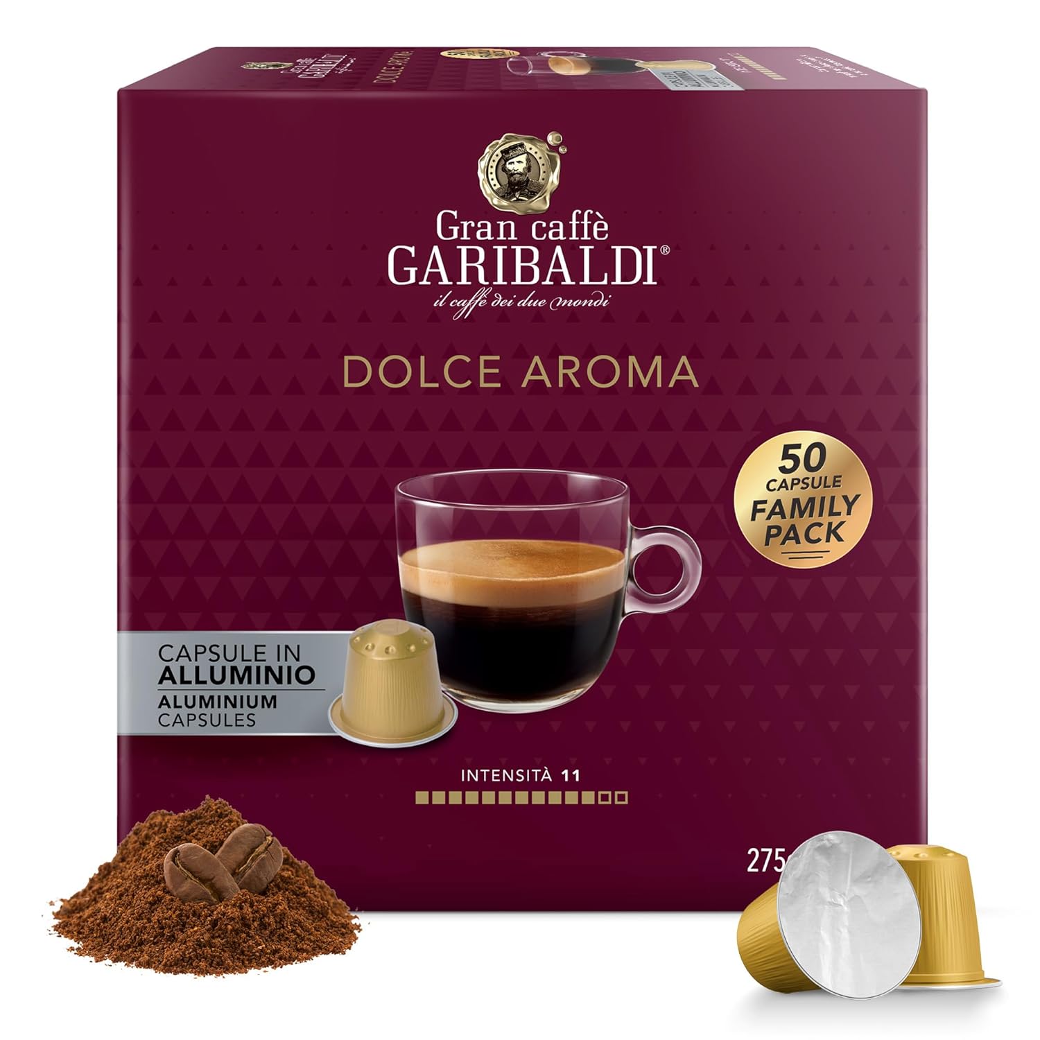 Gran Caffè Garibaldi Espresso Pods, Italian Roasted Coffee, Compatible Nespresso Original Line Machines, Nitrogen Flushed, Full-Bodied Crema, Almond & Dried Fruit - Dolce Aroma 50 Aluminum Cups