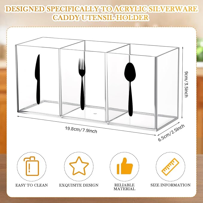 Suzile Acrylic Cutlery Storage Organizer Bin Silverware Caddy Countertop Knife Spoon and Fork Holder Kitchen 3 Section Tableware Storage Box for Cabinet Indoor Home Flatware Dining Room (Clear,M)