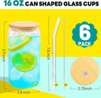 Joyclub Glass Cups with Bamboo Lids and Straws 6 Set 16 oz Reusable Iced Coffee Cup Beer Can Drinking Jars for Smoothie Whiskey Boba Soda Tea Gift