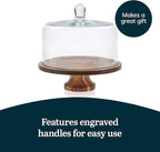 Libbey Acacia Wood Cake Stand with Lid, Footed Round Cake Container, Ball Top Handle Covered Cake Stand, Durable Glass Dome Cover