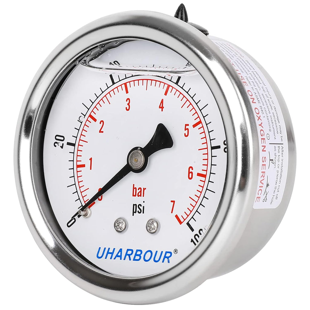 Glycerin Filled Pressure Gauge 100psi/7bar, Stainless Steel case, Brass Inside Construction, 2-1/2" dial, 1/4" NPT Back Connection.…