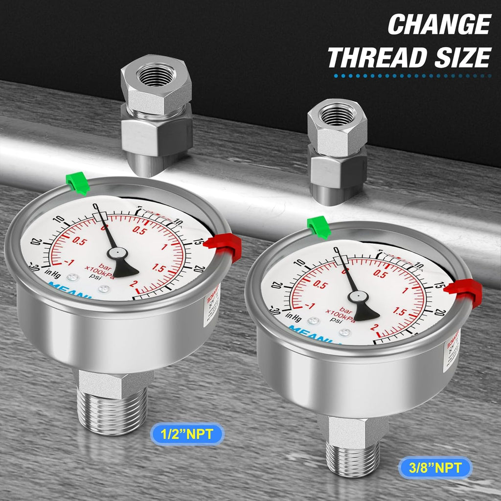 MEANLIN MEASURE -30inHG~30Psi Vacuum Pressure Gauge 316 Stainless Steel Joint 1/4"NPT 2.5"FACE DIAL, Liquid Filled Pressure Gauge WOG Water Oil Air Back Mount with Stainless Steel Hex Bushing, Snaps
