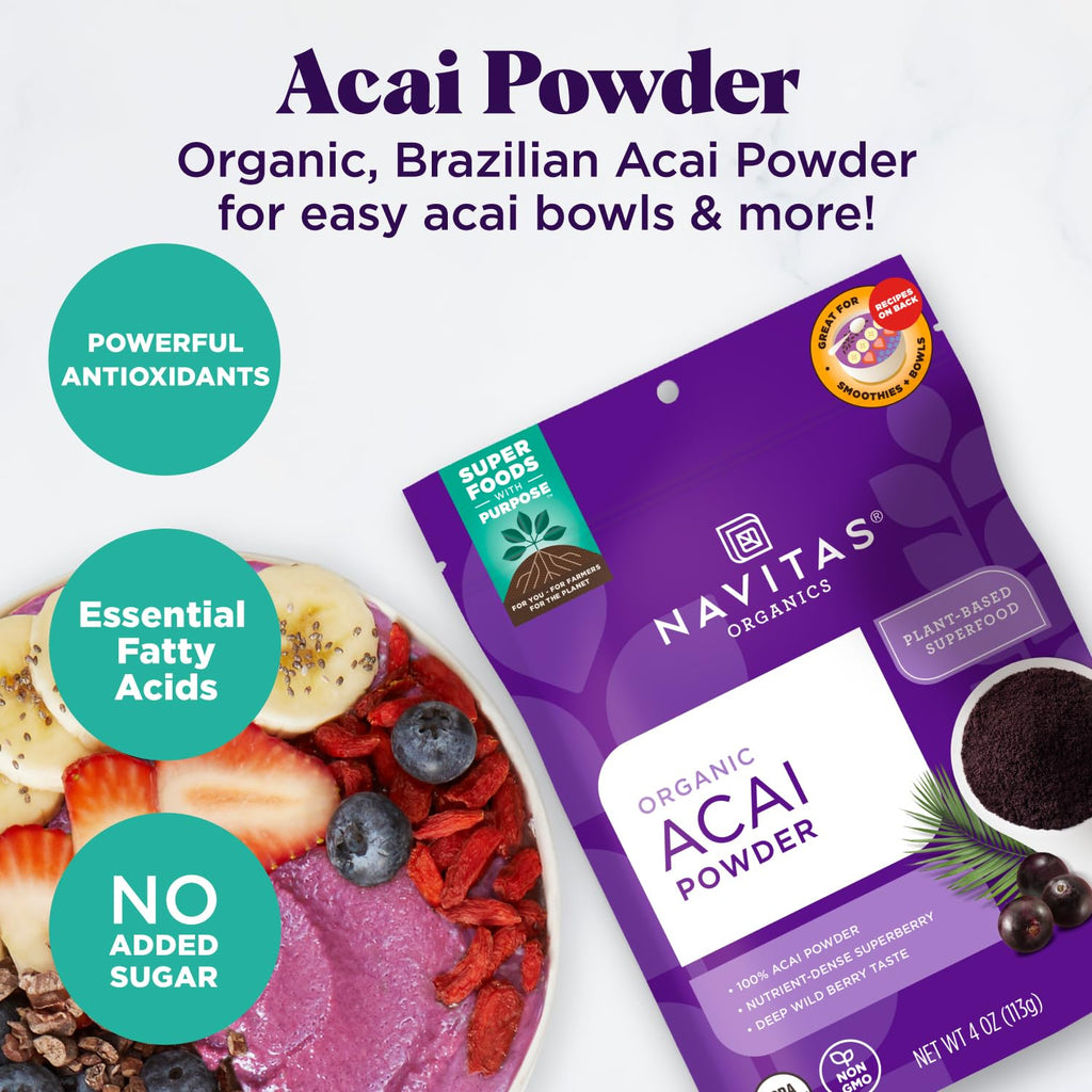 Navitas Organics Acai Powder – for Smoothie Bowls, Oatmeal, Dips, Sauces & More – Antioxidants, Omega 3 6 9, Fiber - USDA Organic, Non GMO, Kosher, Gluten Free, Keto (8oz. Bag, 76 Servings)