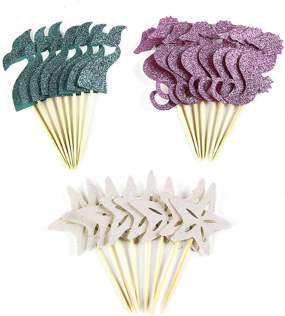 Partico 24 Pieces Mermaid Theme Glitter Cupcake Topper Cake Picks Decoration for Baby Shower Birthday Party Favors, Mermaid Tail, Seahorse and Starfish Food Picks