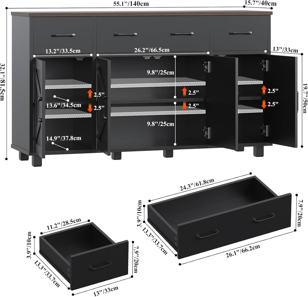 55" Sideboard Buffet Cabinet with Storage, Coffee Bar Cabinet with 3 Drawers and 4 Barn Doors, Long Storage Cabinet Modern Farmhouse, Black Wood, for Kitchen, Dining Room, Living Room