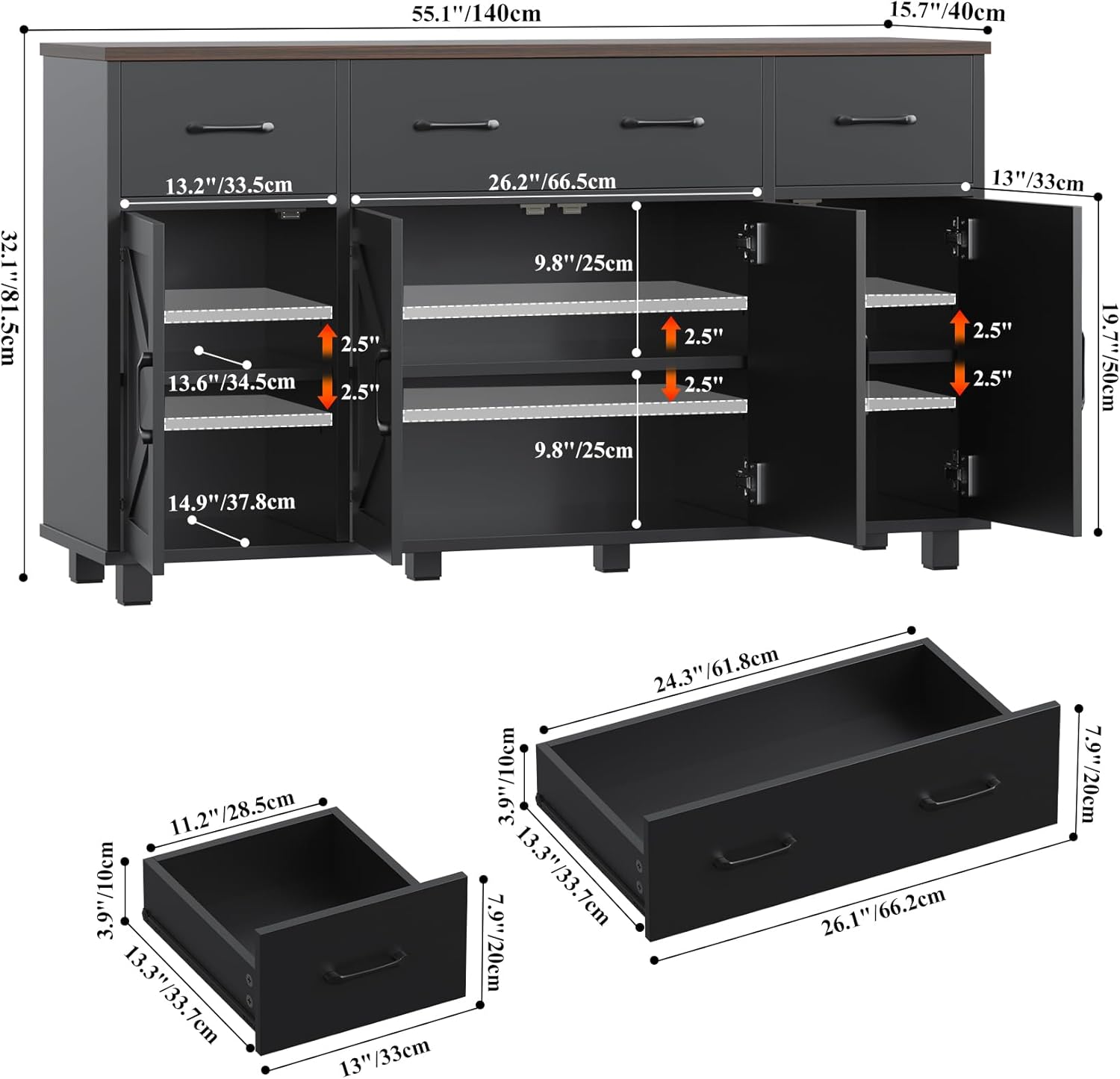 55" Sideboard Buffet Cabinet with Storage, Coffee Bar Cabinet with 3 Drawers and 4 Barn Doors, Long Storage Cabinet Modern Farmhouse, Black Wood, for Kitchen, Dining Room, Living Room