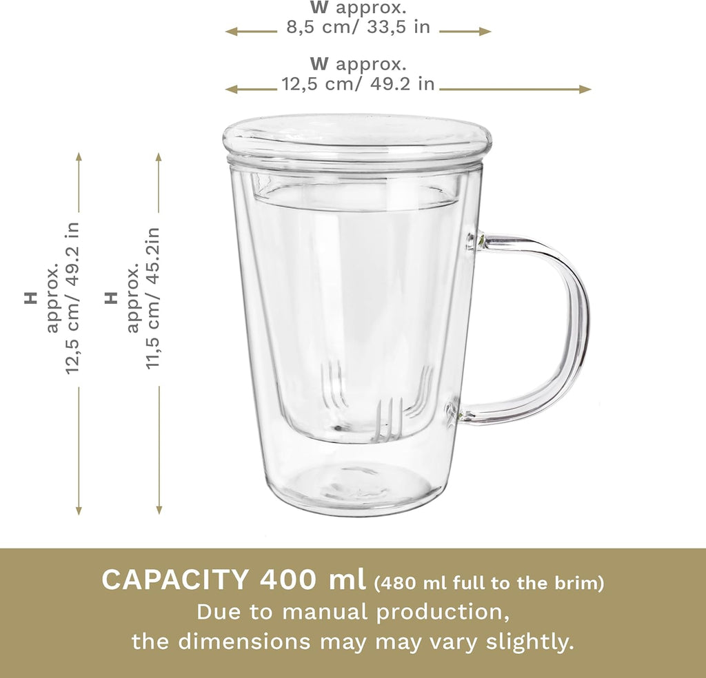 Creano Tea Glass 400 ml – Large Tea Cup with Strainer and Glass Lid – An ideal Tea Maker