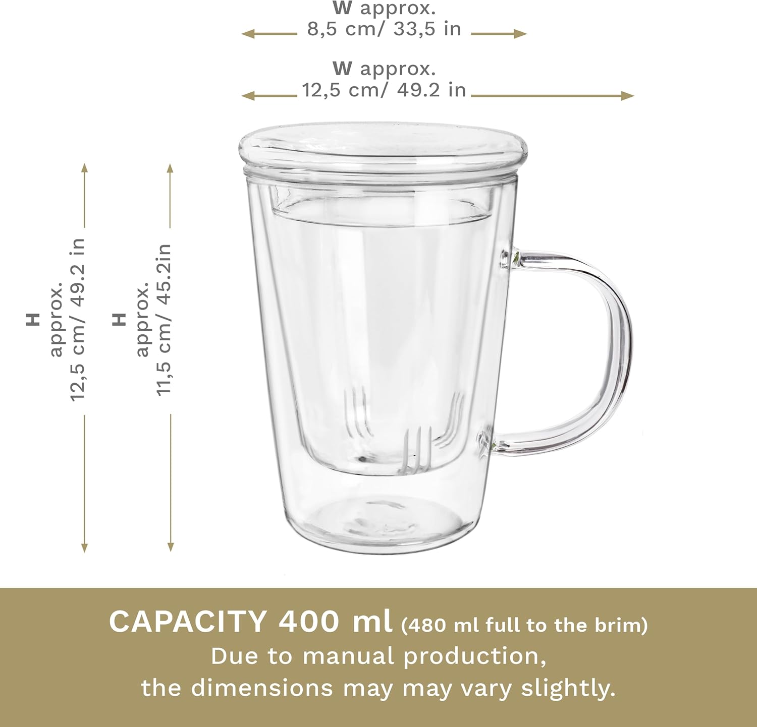 Creano Tea Glass 400 ml – Large Tea Cup with Strainer and Glass Lid – An ideal Tea Maker