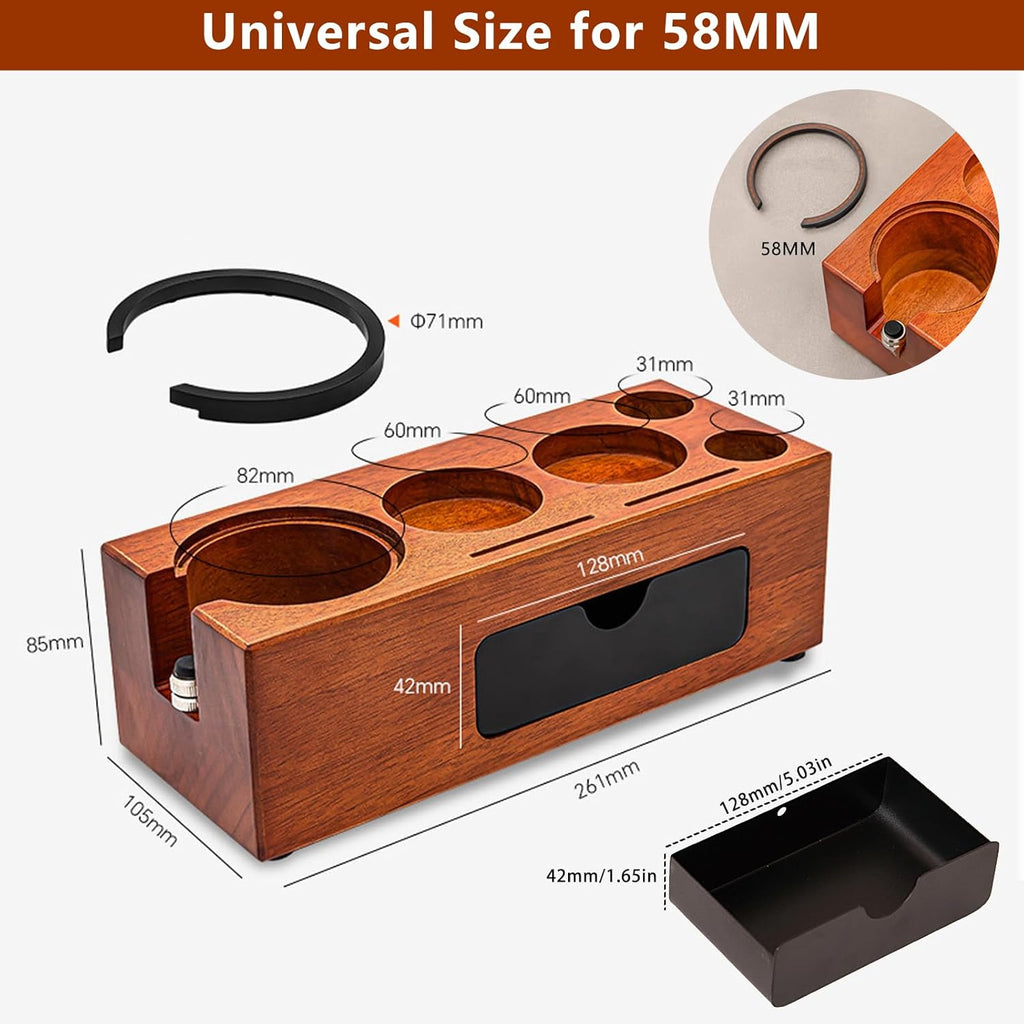 58mm Espresso Tamping Station - 8 in 1 Espresso Organizer for Storage 58mm Coffee Tamper, Distributor, Portafilter & Puck Screen Accessories, Wooden Tamper Station