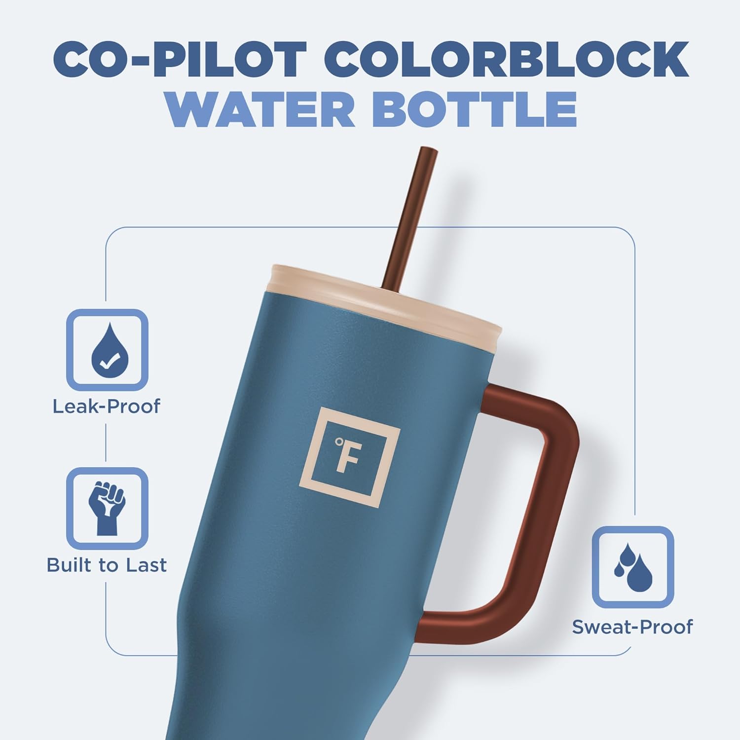 IRON °FLASK Co-Pilot Insulated Mug w/Boot, Straw & Flip Cap Lids - Cup Holder Bottle for Hot, Cold Drink - Leak-Proof - Water, Coffee Portable Travel Mug - Azure Mist, 40 Oz