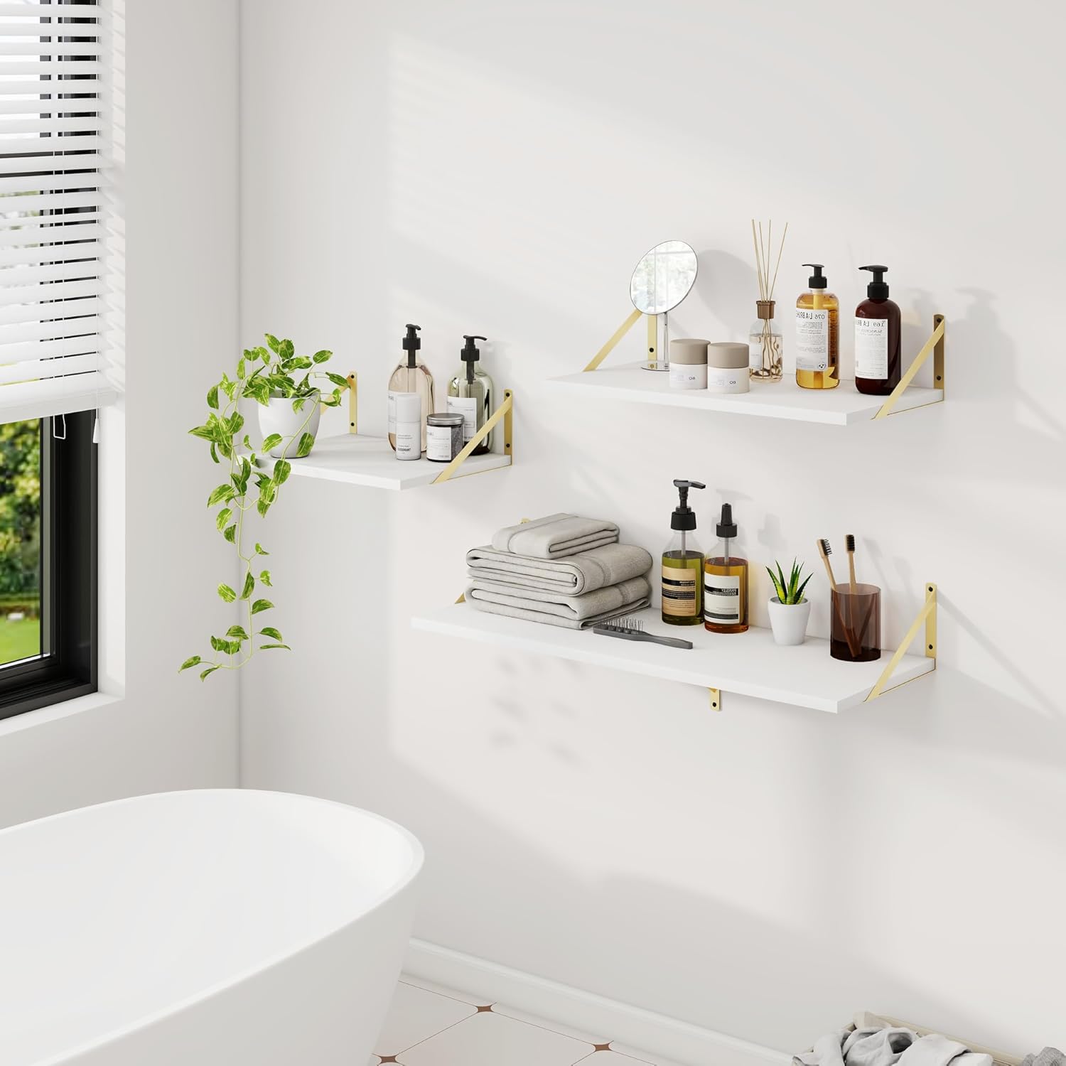 Dreamland Gold Shelves for Wall, White Wood Wall Mounted Shelves, Large Floating Shelf 12 * 24 inch Set of 2 for Bookshelf Living Room Bedroom Home Office Bathroom