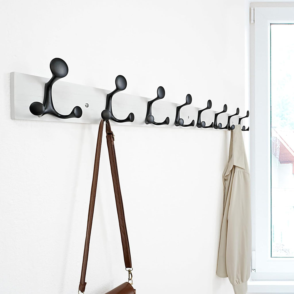SKOLOO 43-Inch White Wood Coat Rack Wall Mount with 8 Triple Hooks - Ideal for Family Entrances, Classrooms, and Pet Supplies Storage - Perfect Coat Hooks for Wall