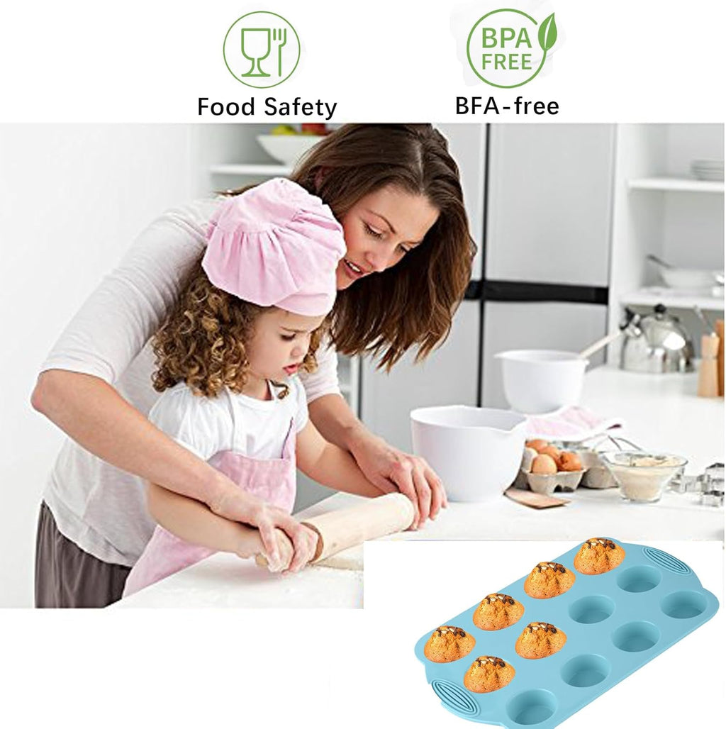 2 Pack Silicone Muffin Pan - 12 Regular Size Cups Muffin Pan, Non-Stick Cupcake Pan Great for Homemade Muffins,Cupcakes, Muffin Cakes, Oven and Dishwasher Safe BPA Free（Blue）