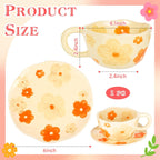 Cappuccino Cups with Saucers 8 oz Latte Art Cup Ceramics Coffee Mugs Irregular Aesthetic Flower Cups for Espresso, Double Shot, Americano, Latte, Tea - Microwave and Dishwasher Safe (Orange Flowers)