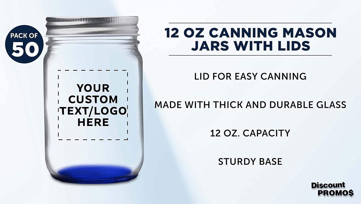 DISCOUNT PROMOS 50 Decorating Mason Jars Set, 12 oz. - Customizable Text, Logo - Canning, Aluminum Lid - Blue