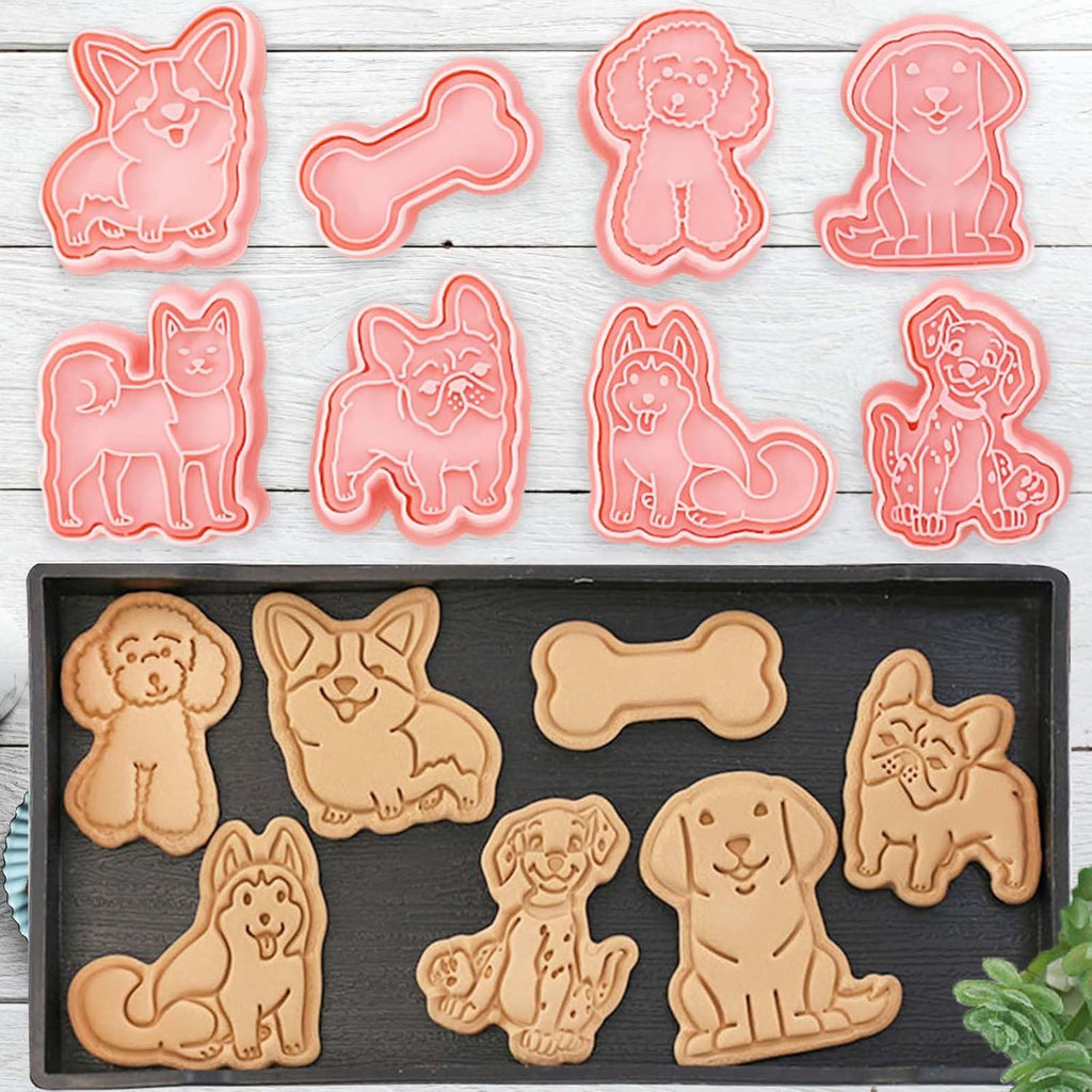 8 Dog Cookie Cutters Set, 3D Puppy Cookie Stamps, Cupcake Pancake Apple Pie Pastry Biscuit Molds, Cookie Baking Molds for Dog Party Decorations (Puppy-2)