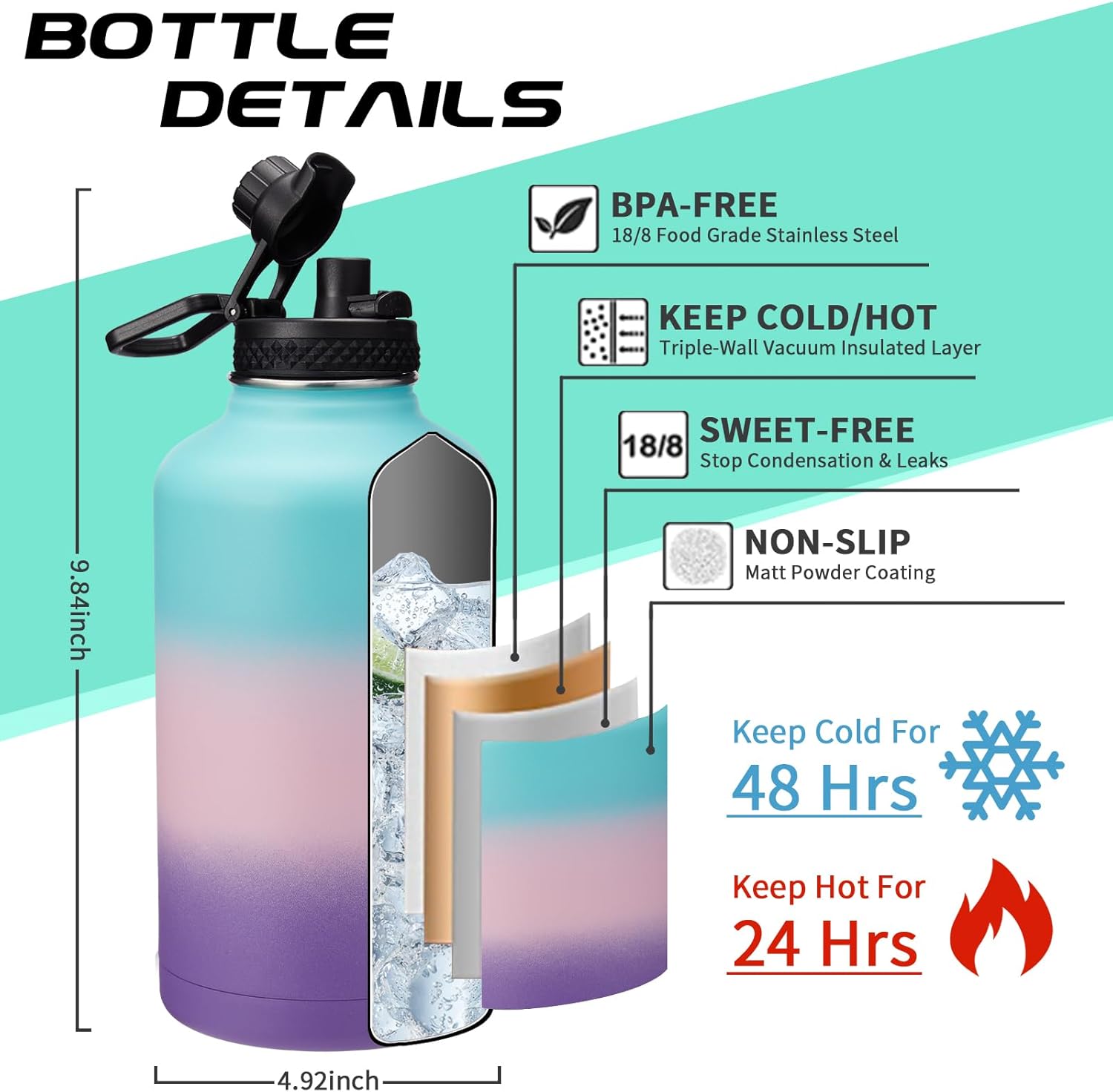 64OZ Insulated Water-Bottle with Paracord-Handle - Half Gallon Water Bottle Jug with Straw & Spout Lids, Bottle Sleeve & Boot, Keep Cold-48h Hot-24h for Fitness Camping Hunting, Hiking
