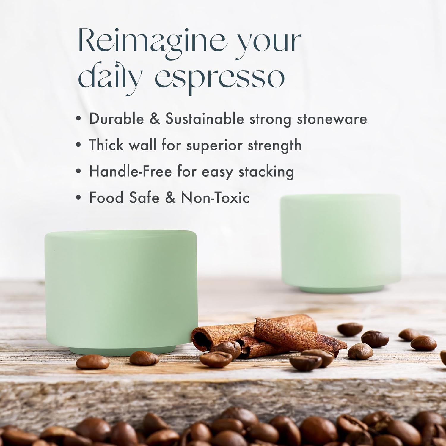 Folk Ceramics Leonard Ceramic Espresso Cups | Modern Stackable Demitasse Mugs for Espresso | Double Walled, Handleless, Durable, Dishwasher & Microwave Safe | 3oz, Set of 2 | Misty Green