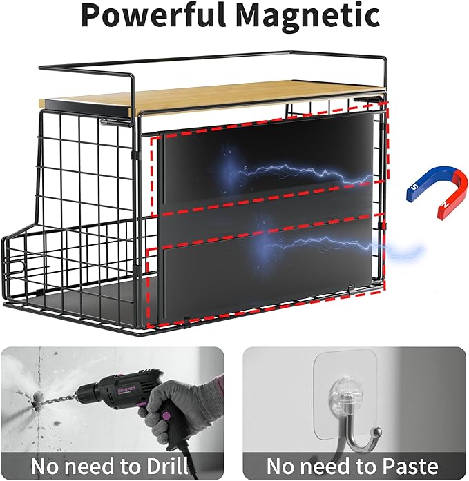 Magnetic Shelf for Fridge, Large Container Magnetic Spice Rack for Refrigerator, Fruit Potato and Onion Storage Bins, Magnetic Basket with Wood Lid, Kitchen Counter, Cabinet