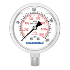 MEASUREMAN Fully Stainless Steel Hydraulic Glycerin Filled Pressure Gauge, 2-1/2" Dial Size,0-200psi/kpa,1/4" NPT Lower Mount