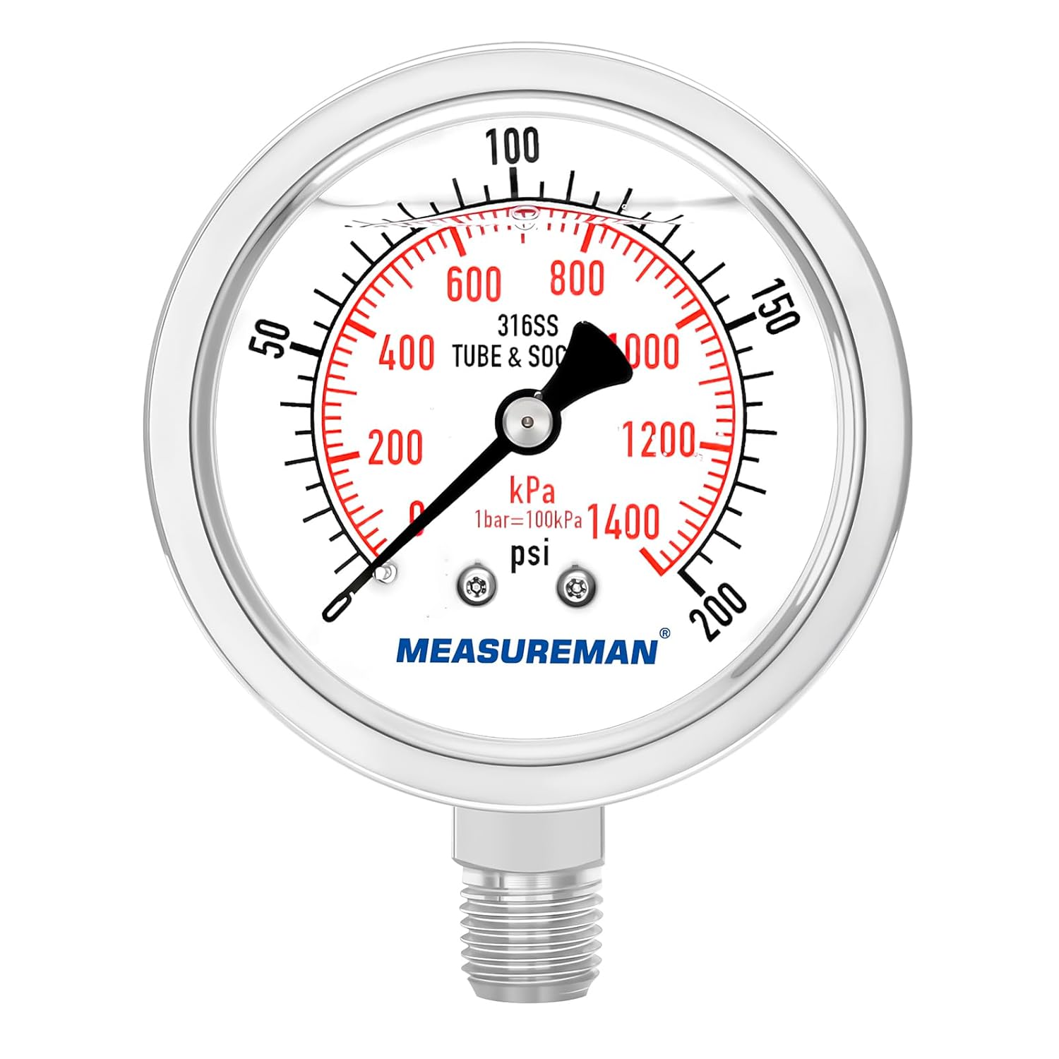 MEASUREMAN Fully Stainless Steel Hydraulic Glycerin Filled Pressure Gauge, 2-1/2" Dial Size,0-200psi/kpa,1/4" NPT Lower Mount