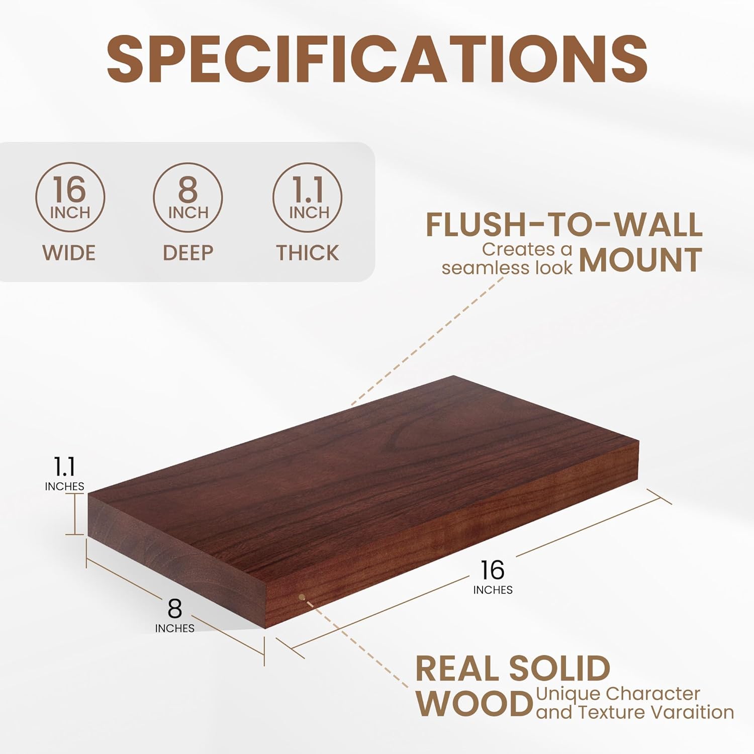 Floating Shelves for Wall, Real Wood Floating Shelf Set of 2, 8 Inch Deep Floating Shelves, Rustic Wood Wall Shelf for Home Decor, Deep Storage Shelves for Bathroom, Kitchen, 16"W x 8"D, Red Brown